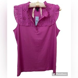 Ann Taylor Petite Medium Eyelet Yoke Pima Cotton Shell